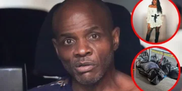 Chad Irish, an ex-convict, in New York Murder case looks toward the camera, with two inset images beside him: one showing a Yazmeen Williams in a black and white dress, and the other depicting a her body in a sleeping bag.