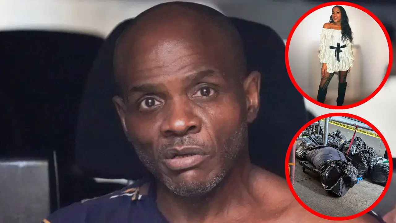 Chad Irish, an ex-convict, in New York Murder case looks toward the camera, with two inset images beside him: one showing a Yazmeen Williams in a black and white dress, and the other depicting a her body in a sleeping bag.