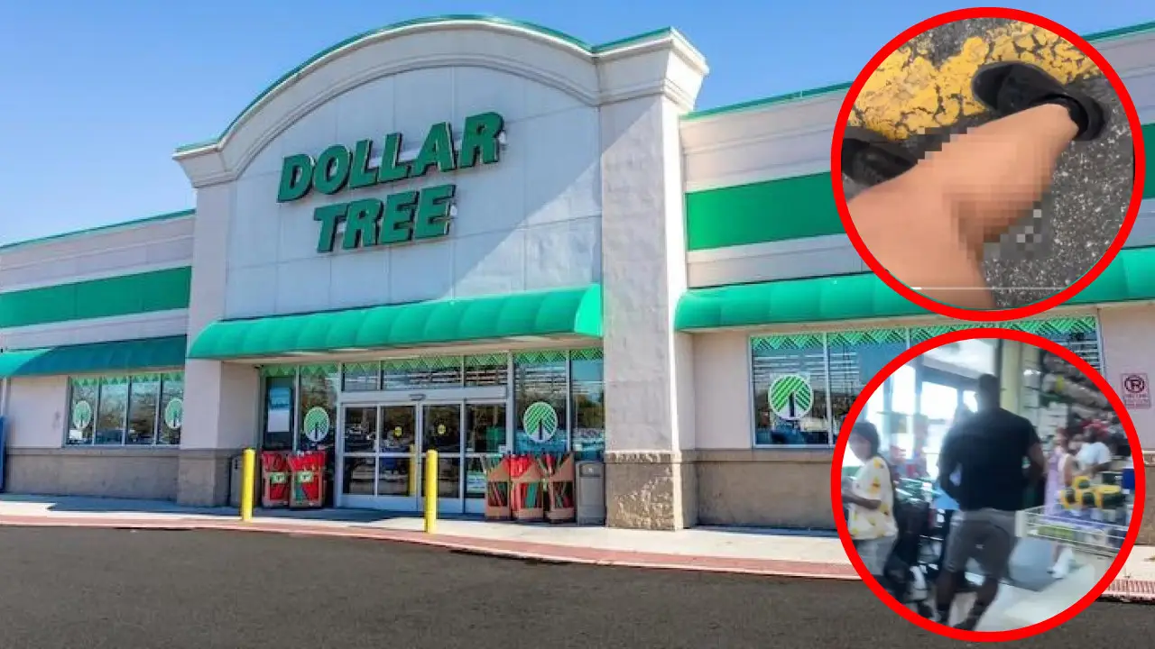Exterior of a Dollar Tree store with green and white signage in Philadelphia. Red-circled insets show a close-up of feet and a blurred section on the left, as well as a queue of people inside the store on the right.