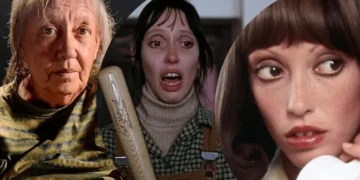 A collage of a gray-haired person looking ahead, a person holding a bat with an anxious expression, and the same person with long hair holding a white handset to their ear—a haunting tribute reminiscent of Robert Altman's storytelling style.