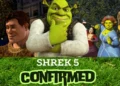 Characters from the Shrek series, including Shrek, Fiona, and others, are shown with a text overlay at the bottom that reads "Shrek 5 Confirmed" on a background of grass. Experience the magic once more as DreamWorks Animation brings back our beloved ogres.