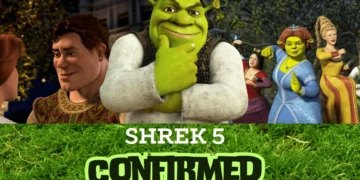 Characters from the Shrek series, including Shrek, Fiona, and others, are shown with a text overlay at the bottom that reads "Shrek 5 Confirmed" on a background of grass. Experience the magic once more as DreamWorks Animation brings back our beloved ogres.