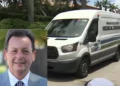 A man in a suit is shown in an inset photo next to an image of a Miami-Dade County Medical Examiner van parked on a street in Coral Gables, where the aftermath of an FBI raid involving Sergio Pino unfolds.