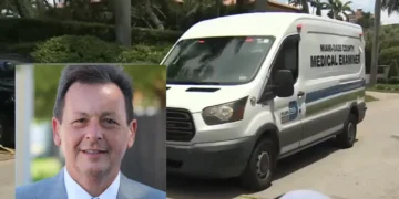 A man in a suit is shown in an inset photo next to an image of a Miami-Dade County Medical Examiner van parked on a street in Coral Gables, where the aftermath of an FBI raid involving Sergio Pino unfolds.
