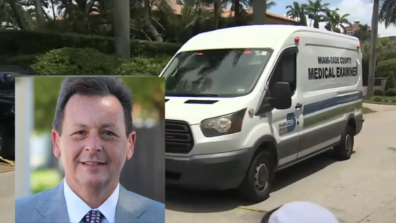 A man in a suit is shown in an inset photo next to an image of a Miami-Dade County Medical Examiner van parked on a street in Coral Gables, where the aftermath of an FBI raid involving Sergio Pino unfolds.