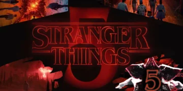 Stranger Things 5 promotional poster featuring the series title in red with various characters and scenes in the background, giving fans a thrilling teaser of what's to come.