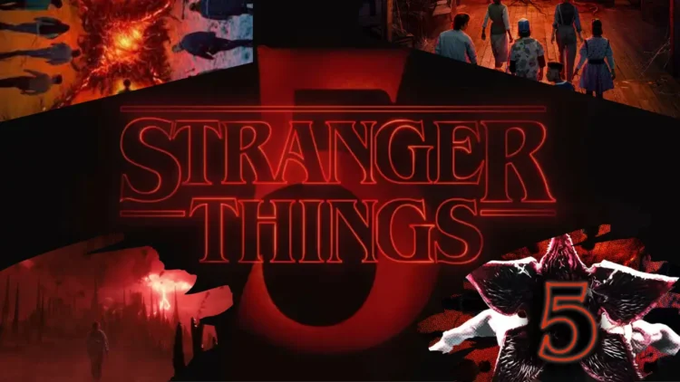 Stranger Things 5 promotional poster featuring the series title in red with various characters and scenes in the background, giving fans a thrilling teaser of what's to come.