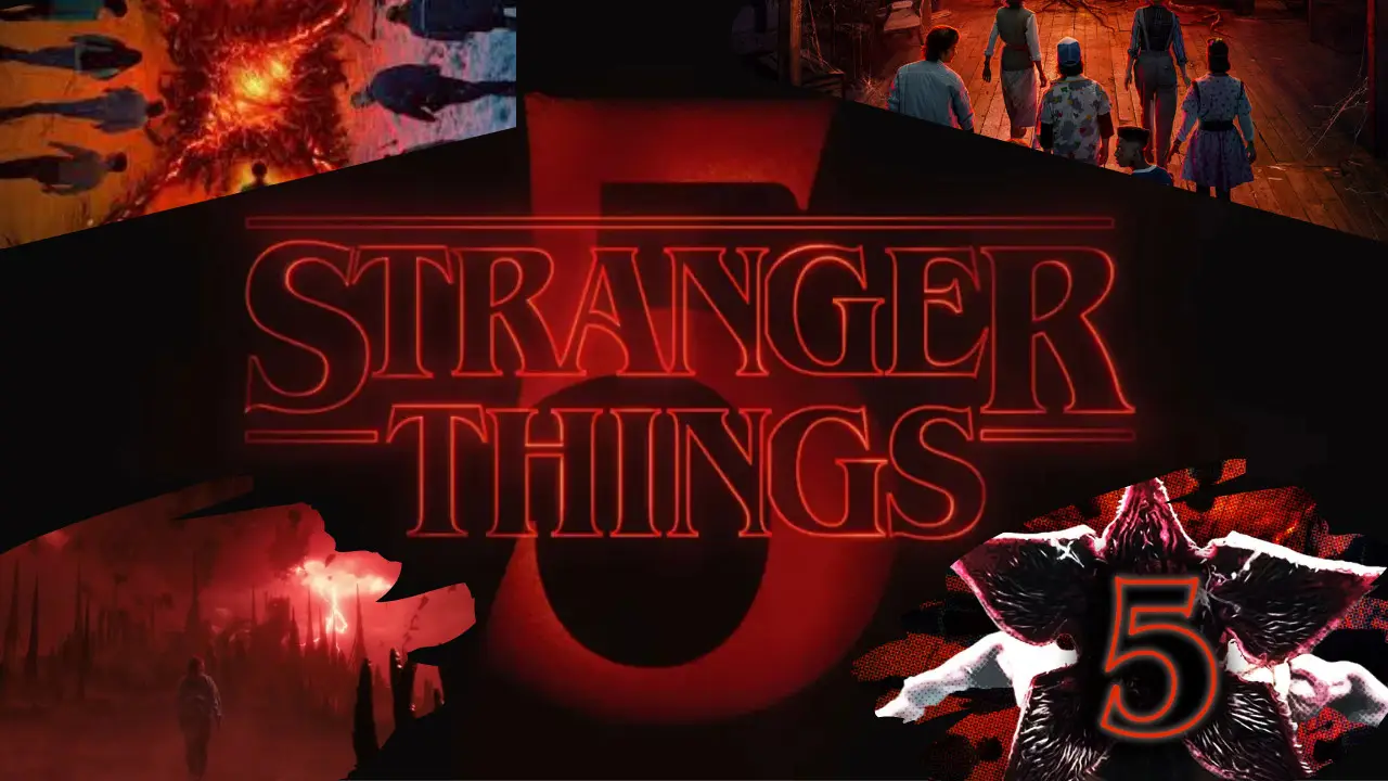 Stranger Things 5 promotional poster featuring the series title in red with various characters and scenes in the background, giving fans a thrilling teaser of what's to come.