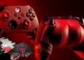 A close-up of two red and black gaming controllers with textured grips on a red background. The controllers have a comic book theme featuring Deadpool & Wolverine, with a small comic character depicted in the bottom left corner. Don’t miss your chance to enter the Xbox sweepstakes!