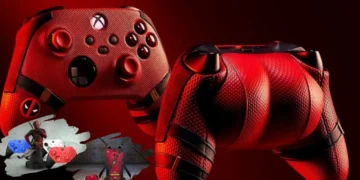 A close-up of two red and black gaming controllers with textured grips on a red background. The controllers have a comic book theme featuring Deadpool & Wolverine, with a small comic character depicted in the bottom left corner. Don’t miss your chance to enter the Xbox sweepstakes!