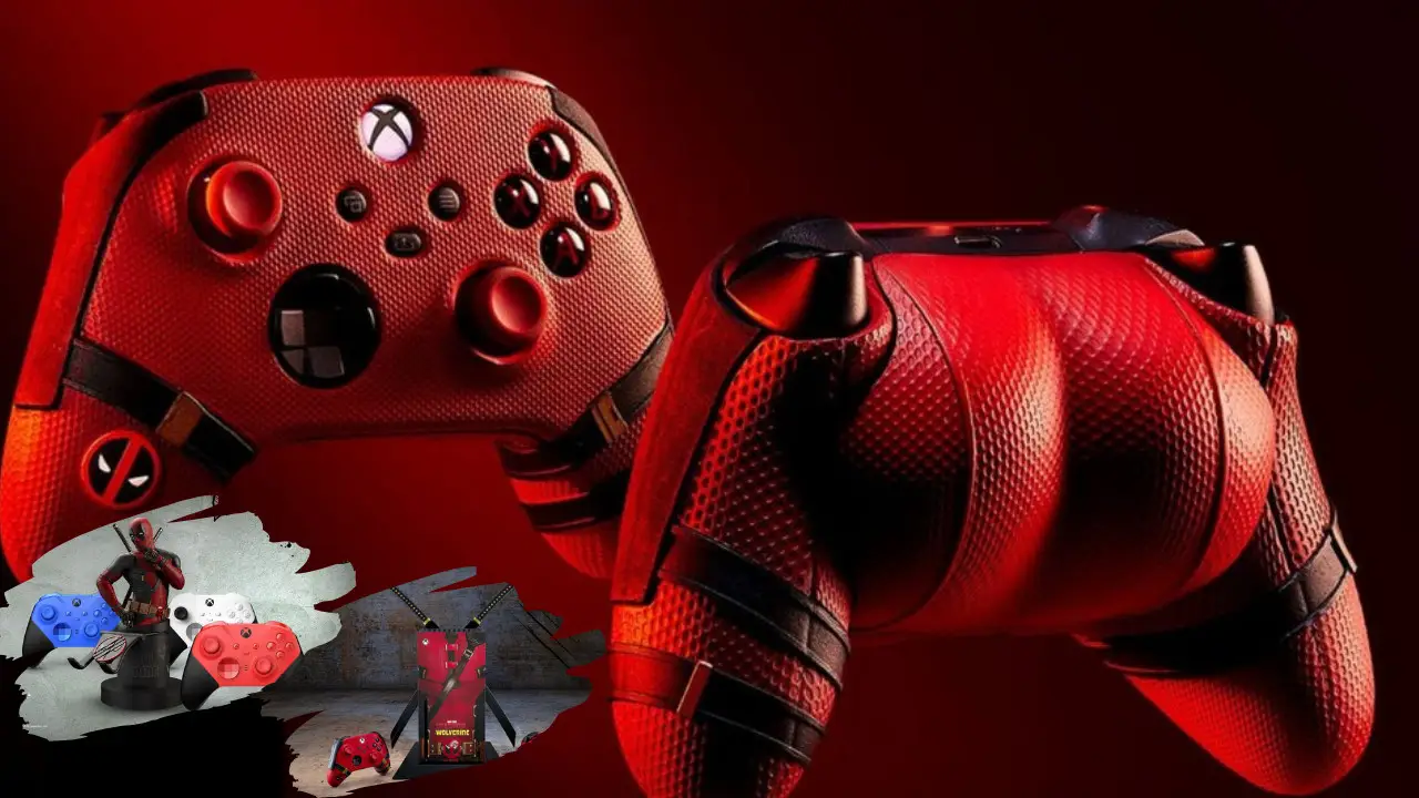 A close-up of two red and black gaming controllers with textured grips on a red background. The controllers have a comic book theme featuring Deadpool & Wolverine, with a small comic character depicted in the bottom left corner. Don’t miss your chance to enter the Xbox sweepstakes!