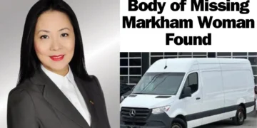 A professionally dressed woman and a white van are shown. The text reads, "Police Investigating Body of Missing Markham Woman Found in Parry Sound.