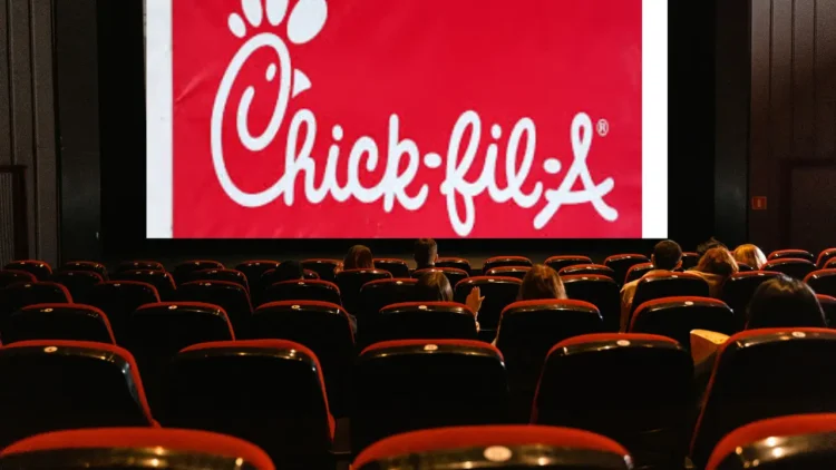 A nearly empty movie theater with a red Chick-fil-A advertisement displayed on the screen offers a nostalgic contrast to the growing trend of entertainment moving towards streaming services.