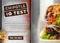 A graphic for the Chipotle IQ trivia test with text "Prove Your Chipotle Knowledge and Get Rewarded" on the left and a close-up of a stacked burrito on the right.
