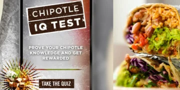A graphic for the Chipotle IQ trivia test with text "Prove Your Chipotle Knowledge and Get Rewarded" on the left and a close-up of a stacked burrito on the right.