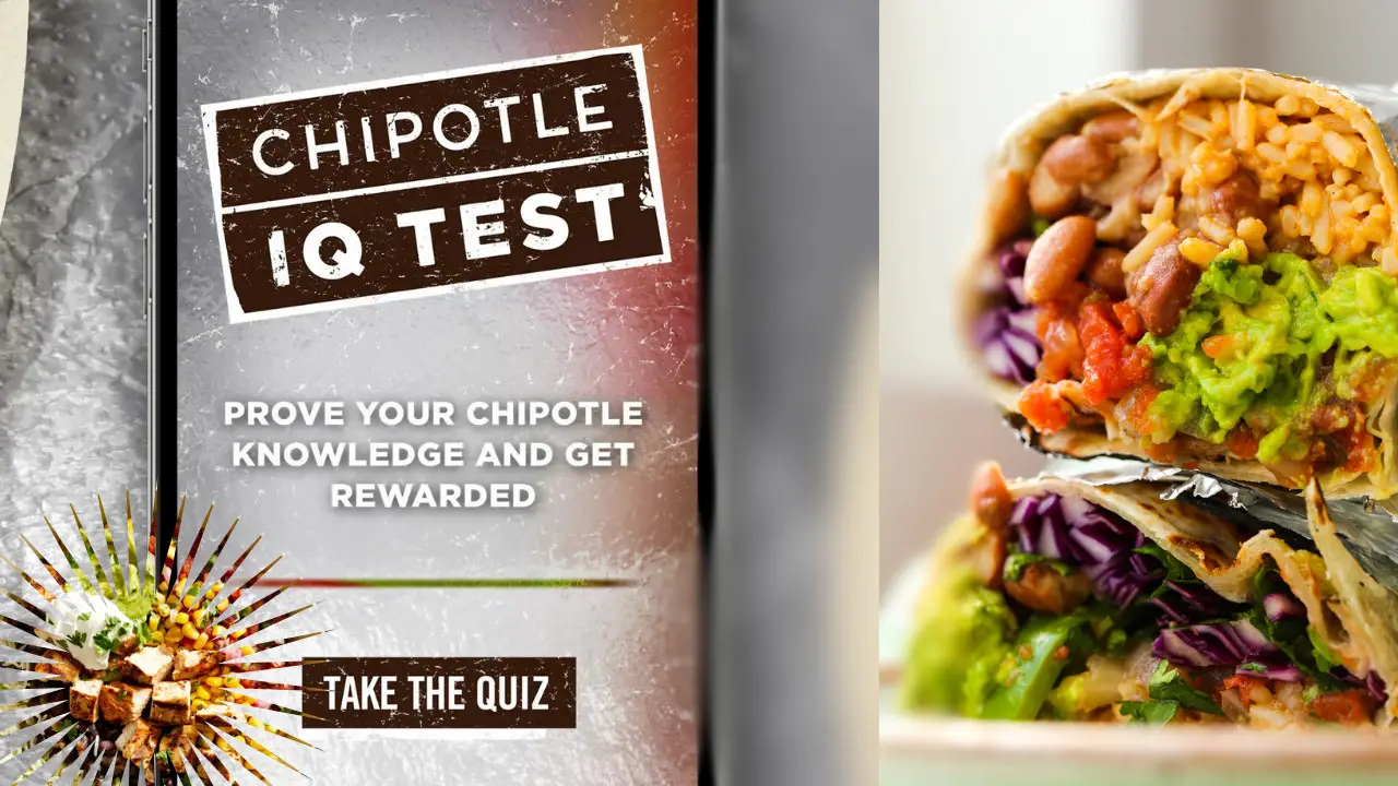 A graphic for the Chipotle IQ trivia test with text "Prove Your Chipotle Knowledge and Get Rewarded" on the left and a close-up of a stacked burrito on the right.