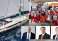 A sailboat on water and an ambulance with medical personnel assisting a person on a stretcher. Below are headshots of three men in suits, possibly linked to the recent luxury yacht disaster.