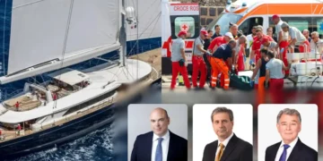 A sailboat on water and an ambulance with medical personnel assisting a person on a stretcher. Below are headshots of three men in suits, possibly linked to the recent luxury yacht disaster.