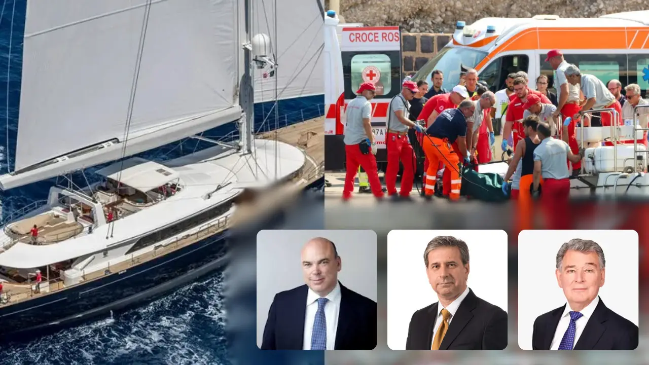 A sailboat on water and an ambulance with medical personnel assisting a person on a stretcher. Below are headshots of three men in suits, possibly linked to the recent luxury yacht disaster.
