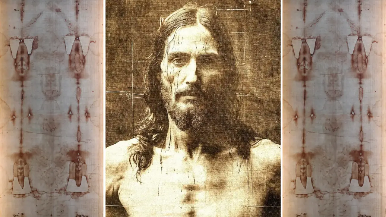 An artistic depiction of a man with long hair and a beard, reminiscent of the Shroud of Turin, set against a background resembling aged, textured fabric.