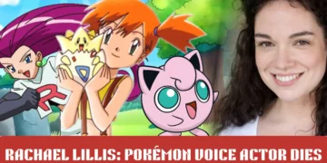 Image of four Pokémon characters and a woman with the text, "Rachael Lillis: Pokémon Voice Actor Dies" on a red banner at the bottom, referencing her iconic role as Jessie from Team Rocket.