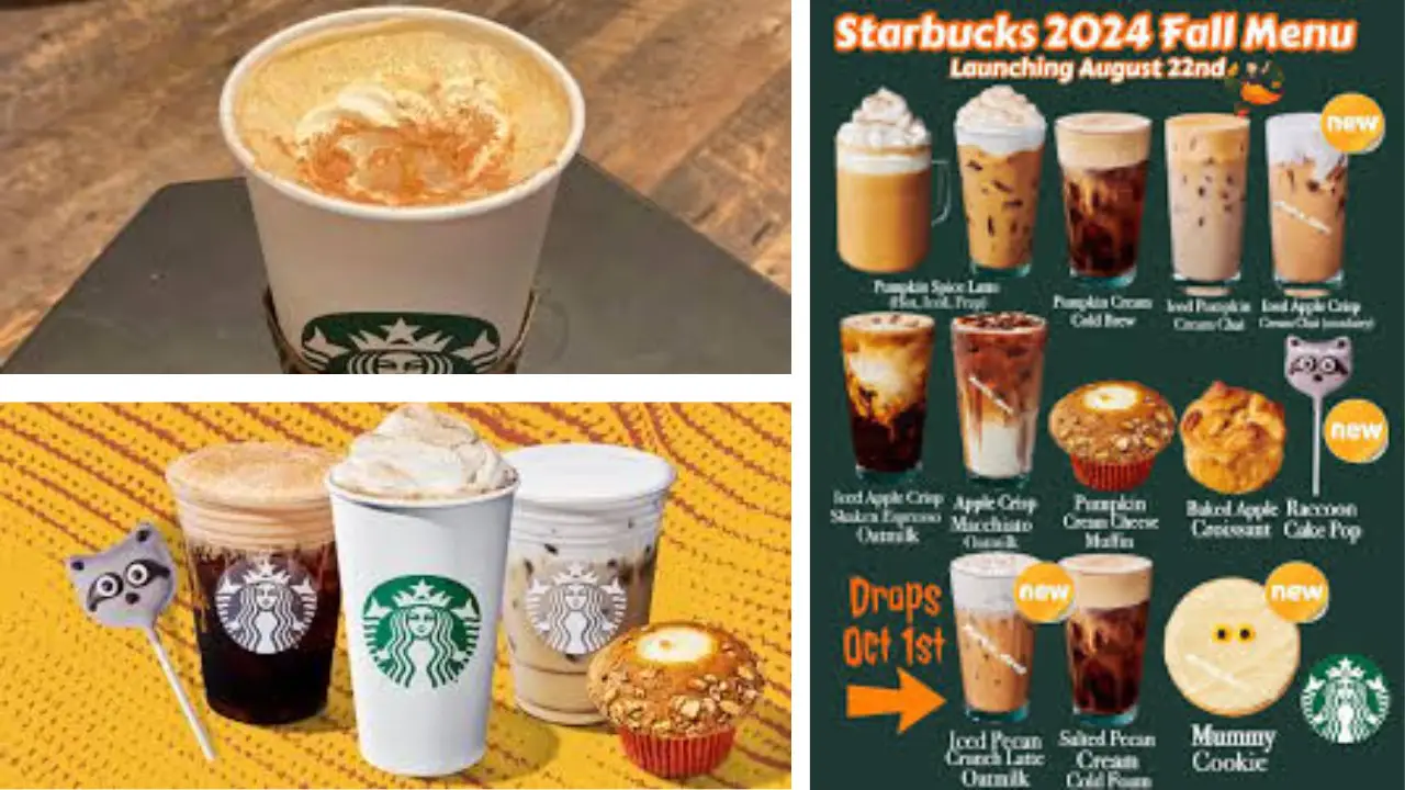 Starbucks' 2024 Fall Menu features delicious new treats like the Pumpkin Spice Latte, Apple Crisp Oatmilk Macchiato, Iced Cider Twist, and Mummy Cookie. Dropping on October 1st.