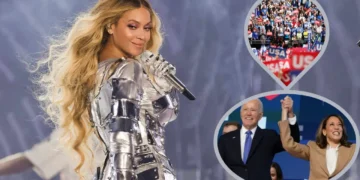 A performer on stage wearing a metallic outfit, reminiscent of Beyoncé's style, is juxtaposed with inset images of a political rally crowd and two politicians holding hands in celebration at the DNC.