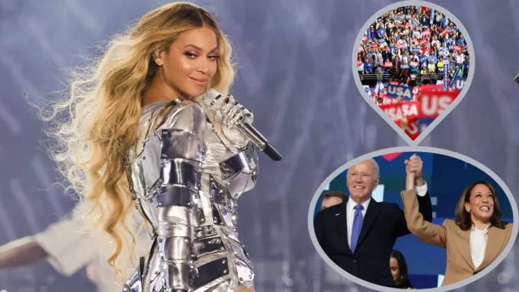 A performer on stage wearing a metallic outfit, reminiscent of Beyoncé's style, is juxtaposed with inset images of a political rally crowd and two politicians holding hands in celebration at the DNC.