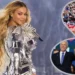 A performer on stage wearing a metallic outfit, reminiscent of Beyoncé's style, is juxtaposed with inset images of a political rally crowd and two politicians holding hands in celebration at the DNC.