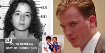 A person in a South Carolina Department of Corrections mugshot on the left, a suited man - her ex-husband - on the right, and two young children sitting together in a small photo inset at the bottom center.