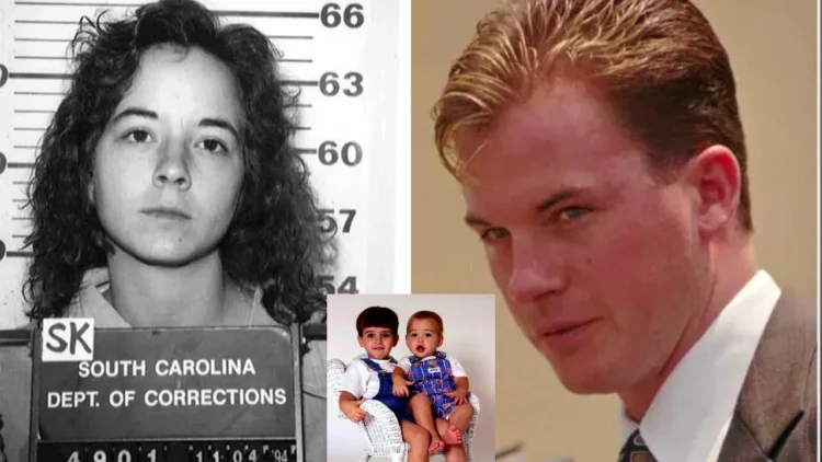 A person in a South Carolina Department of Corrections mugshot on the left, a suited man - her ex-husband - on the right, and two young children sitting together in a small photo inset at the bottom center.
