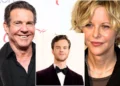 Jack Quaid, Meg Ryan, and Dennis Quaid are pictured: Meg Ryan and Dennis Quaid, two older adults on the left and right, are smiling. In a smaller image at the center is Jack Quaid, the younger adult, dressed in a tuxedo.