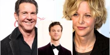 Jack Quaid, Meg Ryan, and Dennis Quaid are pictured: Meg Ryan and Dennis Quaid, two older adults on the left and right, are smiling. In a smaller image at the center is Jack Quaid, the younger adult, dressed in a tuxedo.