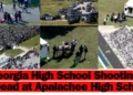 Aerial views show law enforcement and emergency response at Apalachee High School following a shooting. Text overlay reads "Barrow County News: Georgia High School Shooting - 4 Dead at Apalachee High School, Colt Gray Shooting.