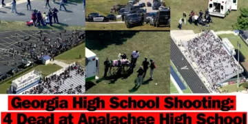 Aerial views show law enforcement and emergency response at Apalachee High School following a shooting. Text overlay reads "Barrow County News: Georgia High School Shooting - 4 Dead at Apalachee High School, Colt Gray Shooting.