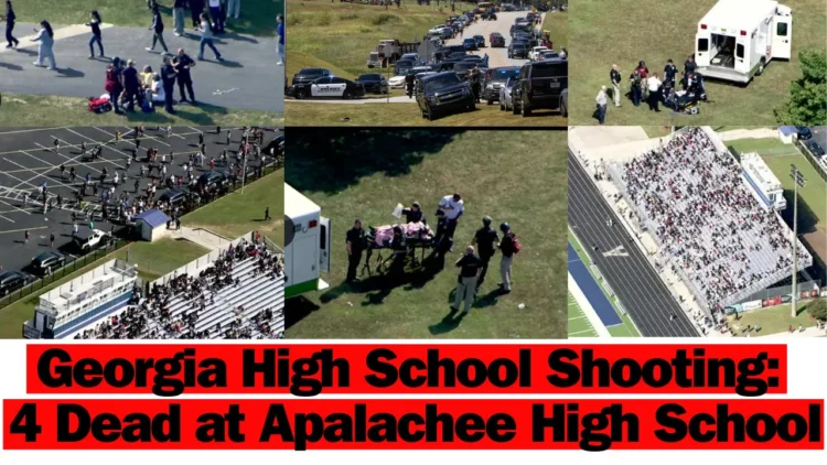Aerial views show law enforcement and emergency response at Apalachee High School following a shooting. Text overlay reads "Barrow County News: Georgia High School Shooting - 4 Dead at Apalachee High School, Colt Gray Shooting.