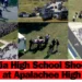 Aerial views show law enforcement and emergency response at Apalachee High School following a shooting. Text overlay reads "Barrow County News: Georgia High School Shooting - 4 Dead at Apalachee High School, Colt Gray Shooting.