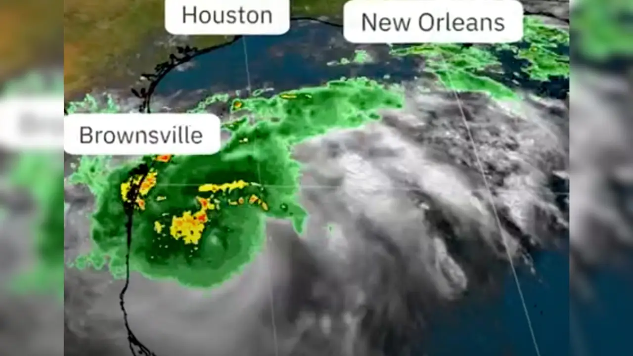 Satellite image showing Hurricane Francine approaching the Gulf Coast with marked locations of Houston, New Orleans, and Brownsville. The storm has green and yellow indicating rain and swirling gray clouds. Evacuation orders have been issued for affected areas.