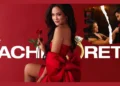 A woman in a red dress holding a rose sits in front of the text "The Bachelorette Finale." An inset image shows her interacting closely with Devin Strader.