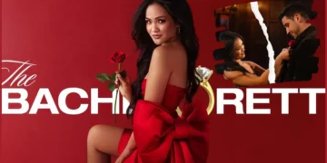 A woman in a red dress holding a rose sits in front of the text "The Bachelorette Finale." An inset image shows her interacting closely with Devin Strader.