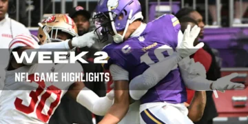 Players from two NFL teams, one in purple and the other in white and red, are engaged in a play. Text overlay reads "WEEK 2 NFL GAME HIGHLIGHTS: Key Matchups Analyzed.