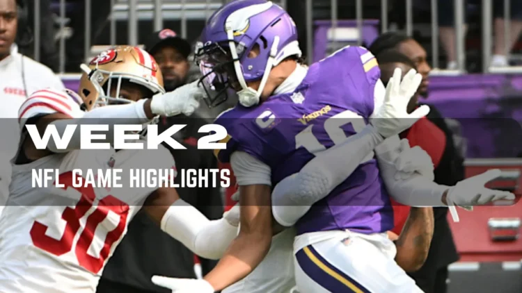Players from two NFL teams, one in purple and the other in white and red, are engaged in a play. Text overlay reads "WEEK 2 NFL GAME HIGHLIGHTS: Key Matchups Analyzed.