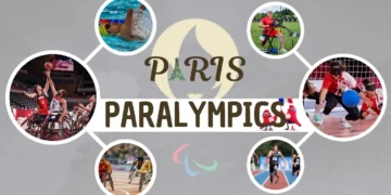 Collage of athletes participating in various sports at the Paris 2024 Paralympics, with images of swimming, wheelchair rugby, goalball, wheelchair racing, athletics, and cerebral palsy football. This collection captures key highlights and historic moments from this prestigious event.