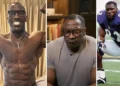 Three-panel image: Left, a shirtless man flexing muscles; center, the same man wearing glasses and a grey shirt, making a pensive face; right, him in football gear like Shannon Sharpe, crouching on a field.