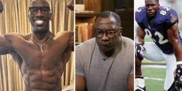 Three-panel image: Left, a shirtless man flexing muscles; center, the same man wearing glasses and a grey shirt, making a pensive face; right, him in football gear like Shannon Sharpe, crouching on a field.
