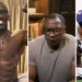 Three-panel image: Left, a shirtless man flexing muscles; center, the same man wearing glasses and a grey shirt, making a pensive face; right, him in football gear like Shannon Sharpe, crouching on a field.