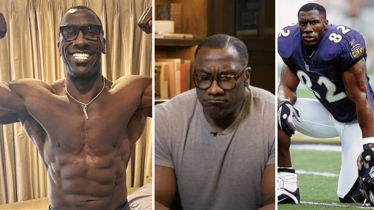 Three-panel image: Left, a shirtless man flexing muscles; center, the same man wearing glasses and a grey shirt, making a pensive face; right, him in football gear like Shannon Sharpe, crouching on a field.