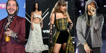 Four musical artists are pictured at different events. The first is wearing a red suit, the second a white dress reminiscent of Taylor Swift at the 2024 VMAs, the third a tartan outfit, and the fourth a gray hoodie.