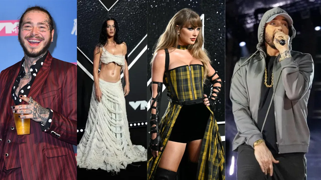Four musical artists are pictured at different events. The first is wearing a red suit, the second a white dress reminiscent of Taylor Swift at the 2024 VMAs, the third a tartan outfit, and the fourth a gray hoodie.