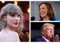 A composite image featuring three individuals: a woman with long wavy hair on the left, a smiling woman speaking from a podium at the top right during the 2024 presidential election, and a man speaking into a microphone at the bottom right.